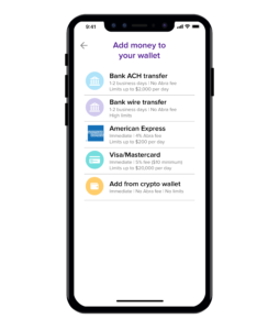 This screen shows how to buy bitcoin with a bank account using the Abra app