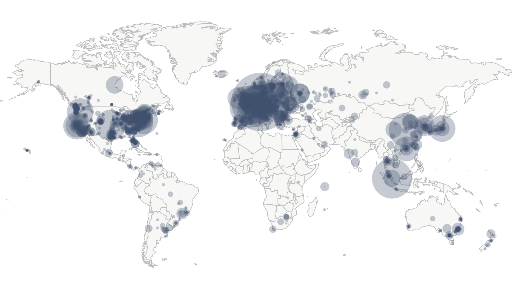 This map shows the global distribution of bitcoin nodes. Most of the nodes are located in North American, Europe, and Asia, but there is also good distribution of nodes in other locations.